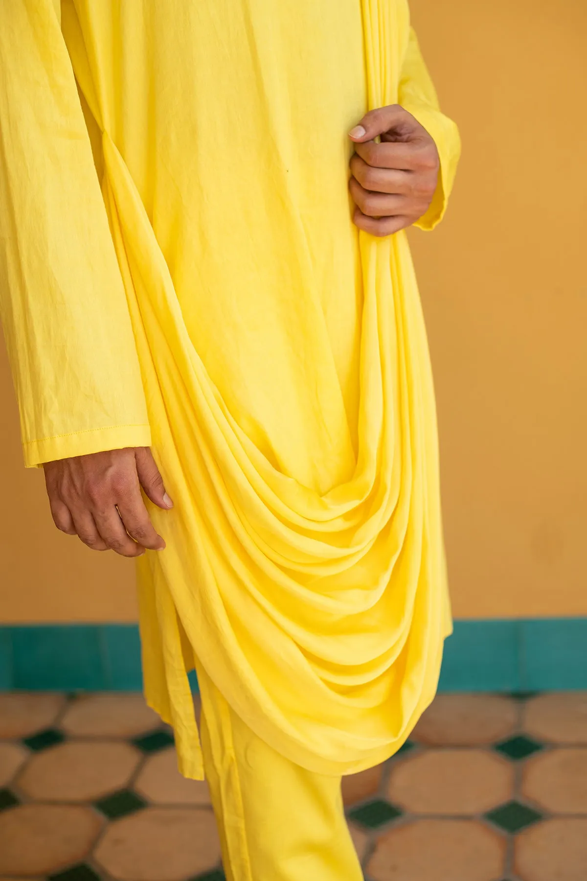 HVAR -  Drape German Satin yellow Kurta Trouser