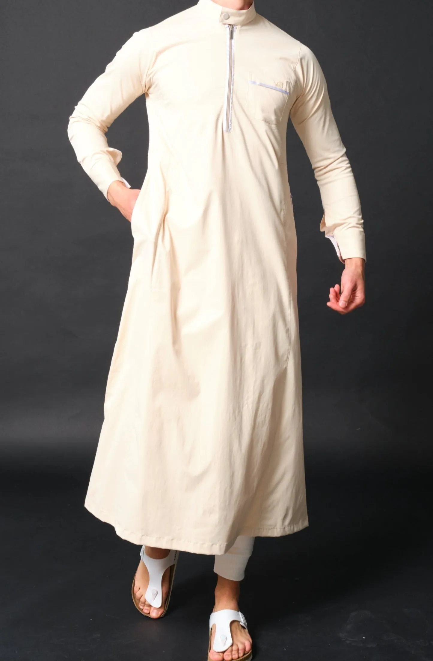 Islamic Long Thobe Kamees AMIR QL in Beige and White