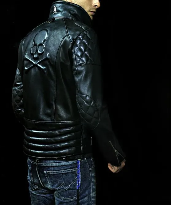 Men’s Black Classic Diamond Biker Leather Jacket With Skull