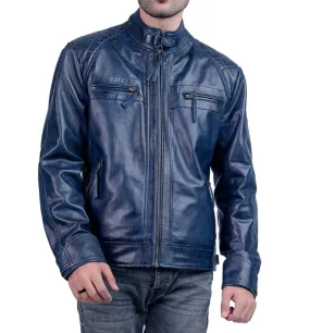 Men’s Quilted Cafe Racer Blue Leather Jacket