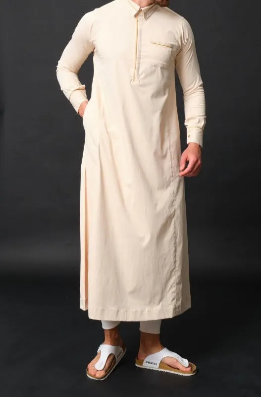 Muslim Men's Long Thobe Smart Kamees SL QL in Beige and Gold