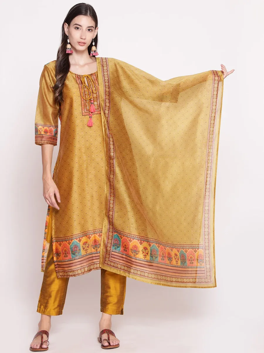 Mustard Ornamental Printed Kurta Pant Dupatta