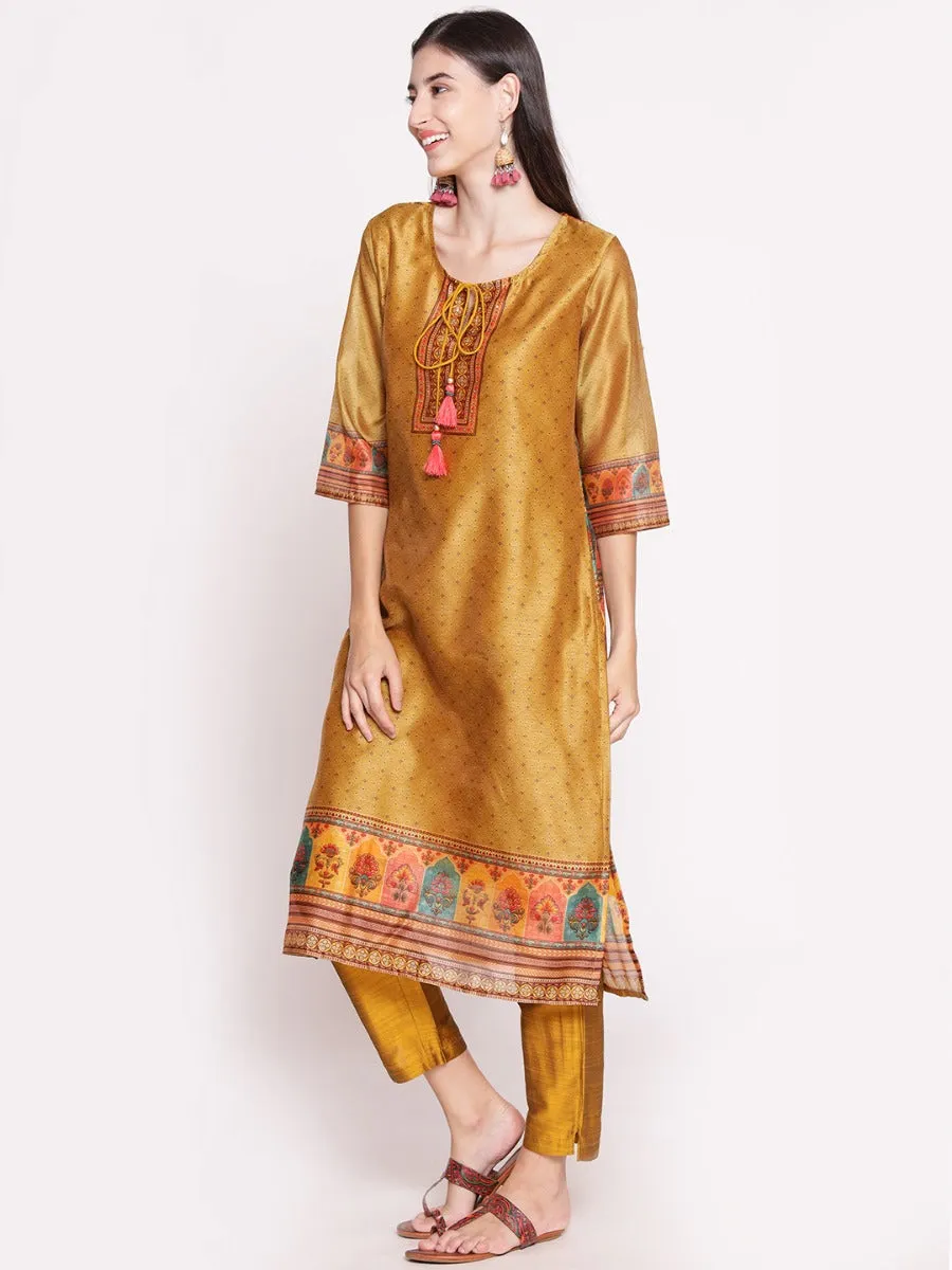 Mustard Ornamental Printed Kurta Pant Dupatta