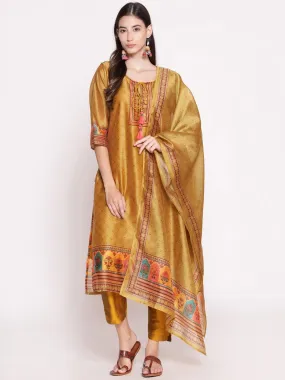 Mustard Ornamental Printed Kurta Pant Dupatta