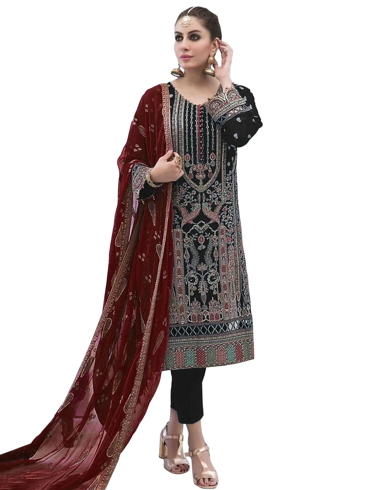 Odette Black Faux Georgette Embroidered Semi Stitched Kurta Set for Women