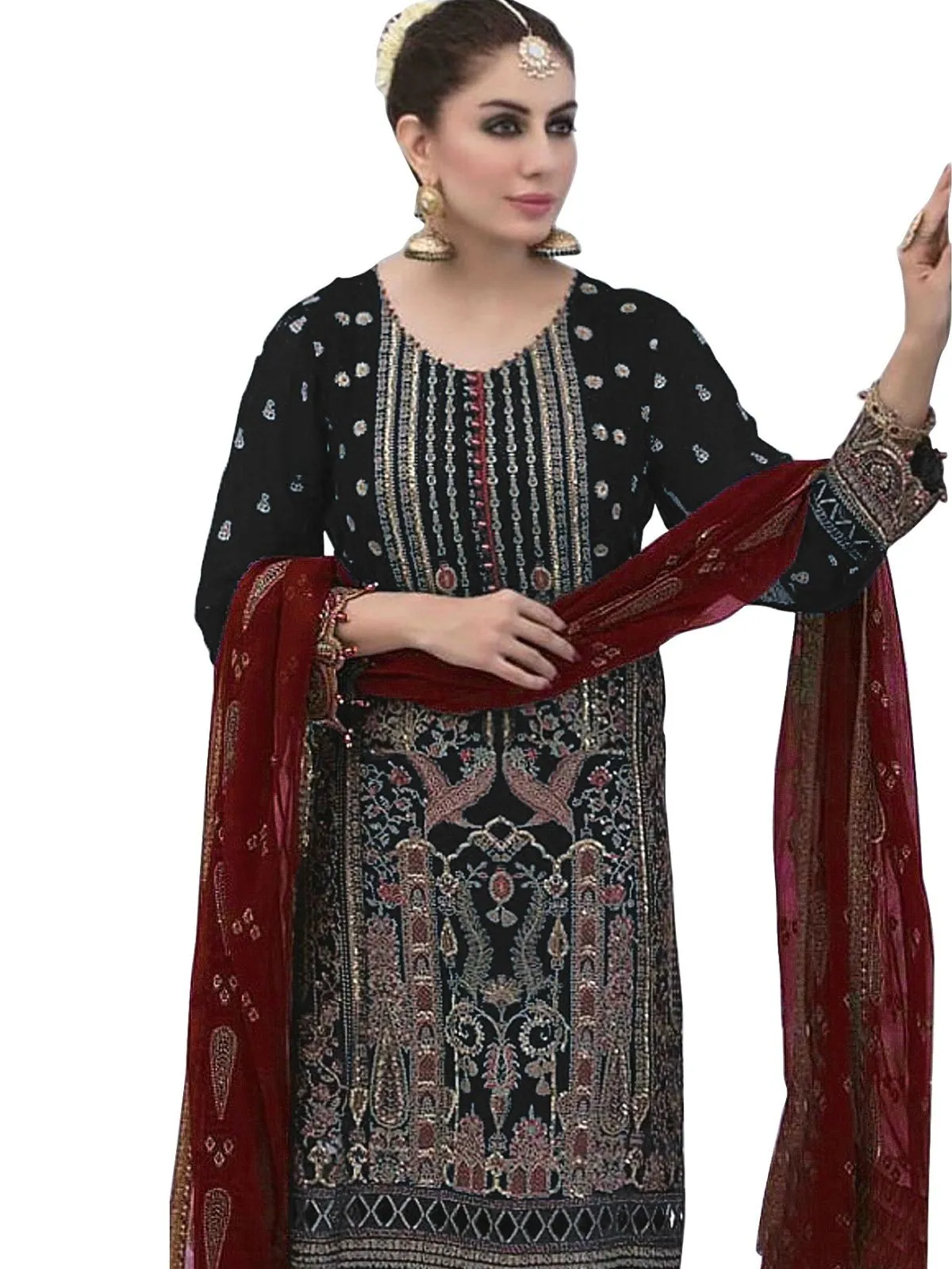 Odette Black Faux Georgette Embroidered Semi Stitched Kurta Set for Women