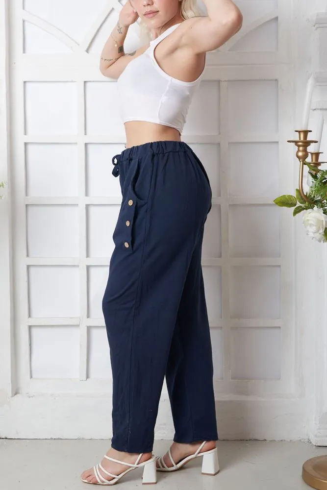 Plain Pocket Button Detail Cotton Trousers