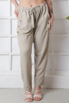 Plain Pocket Button Detail Cotton Trousers