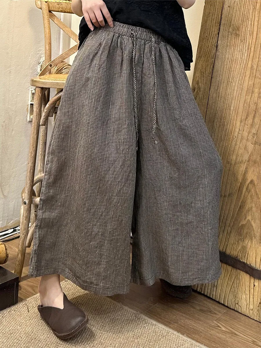 Plus Size Women Spring Plaid Wide-leg Cotton Linen Pants PA1024