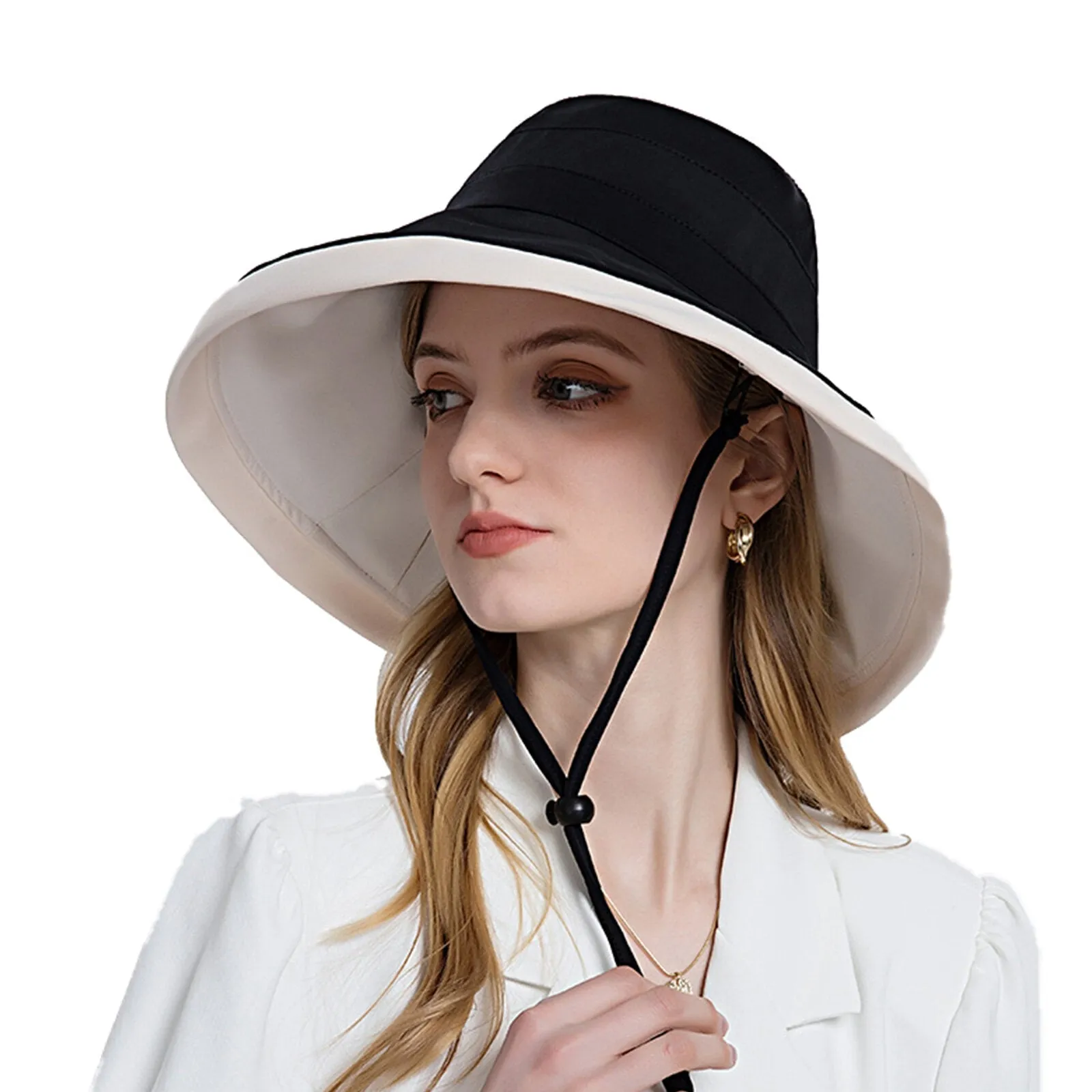 Women Polyester Cloth Casual Outdoor Double-side Back Brim Extended Foldable Sunshade Bucket Hats