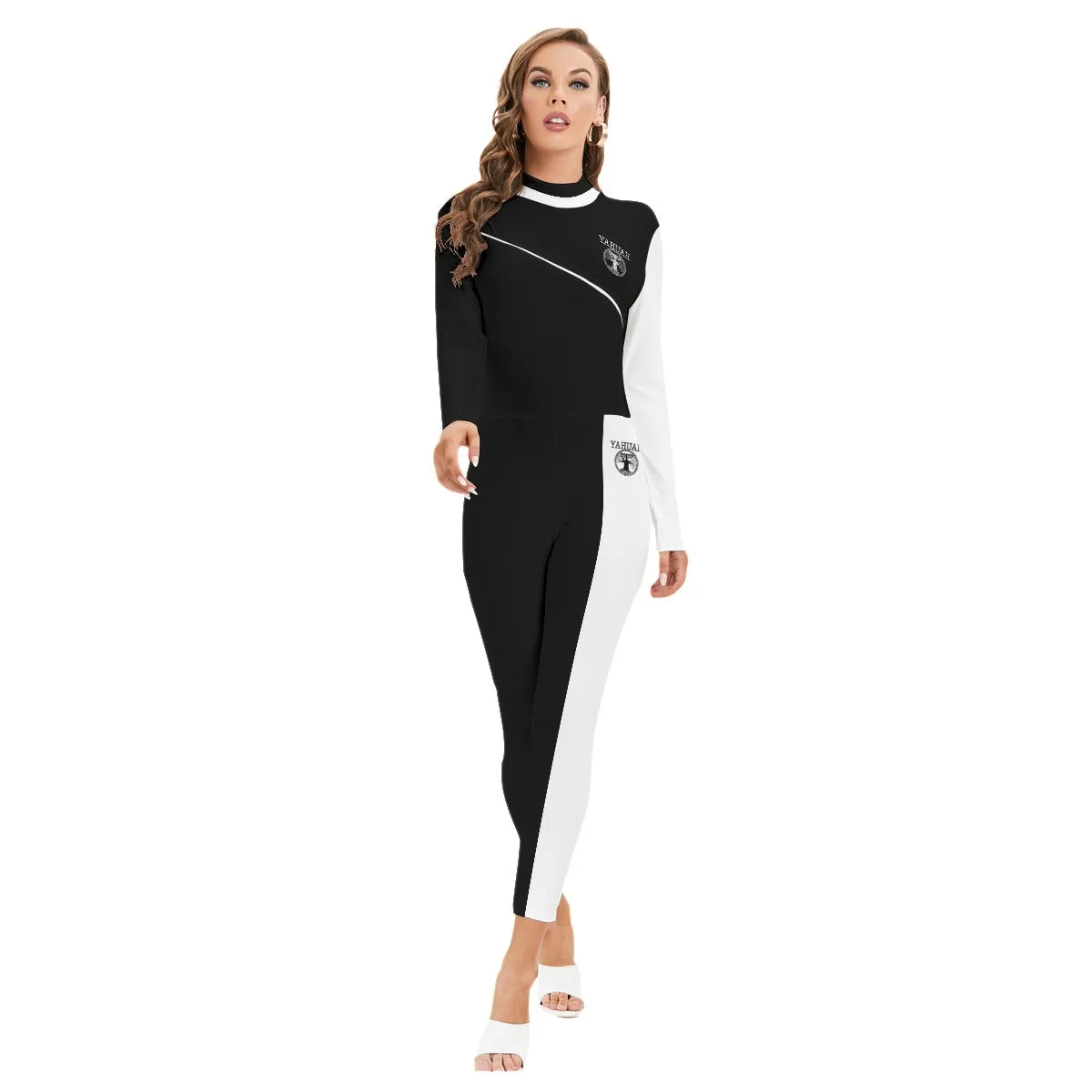 Yahuah-Tree of Life 02-06 Yin Yang Ladies Designer Long Sleeve High Neck Jumpsuit with Zipper (Style 01)