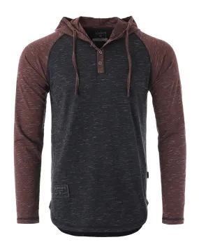 ZIMEGO Long Sleeve Raglan Henley Round Bottom Hood T-Shirts Black/Maroon